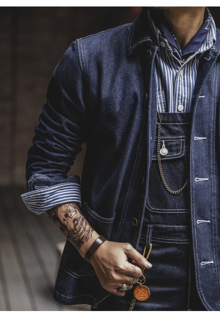 Engineer Stripe Denim Chore Coat | Raw Selvedge Workwear Jacket