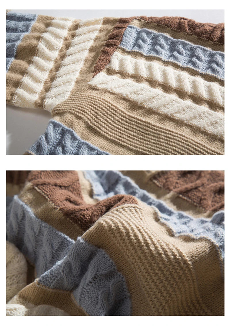 Mixed Texture Cable Knit Sweater | Geometric Pattern Crewneck in Earth Tones