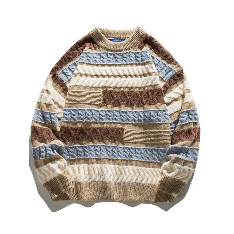 Mixed Texture Cable Knit Sweater | Geometric Pattern Crewneck in Earth Tones